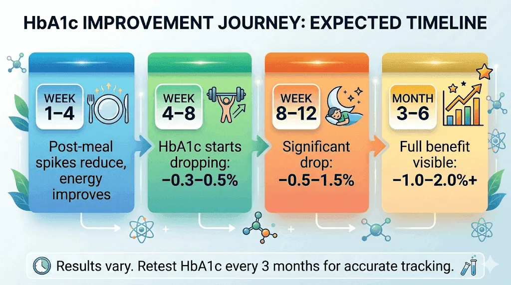 Infographic showing a realistic timeline for HbA1c reduction from weeks 1 through 6 months with expected percentage drops