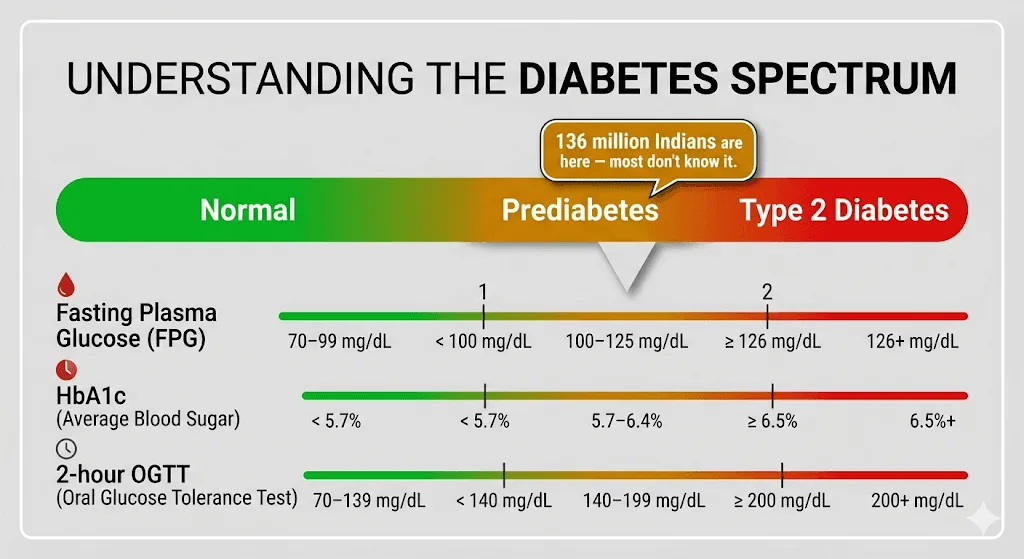 Infographic showing the blood sugar spectrum from normal through prediabetes to type 2 diabetes with HbA1c, fasting glucose, and OGTT cutoff values