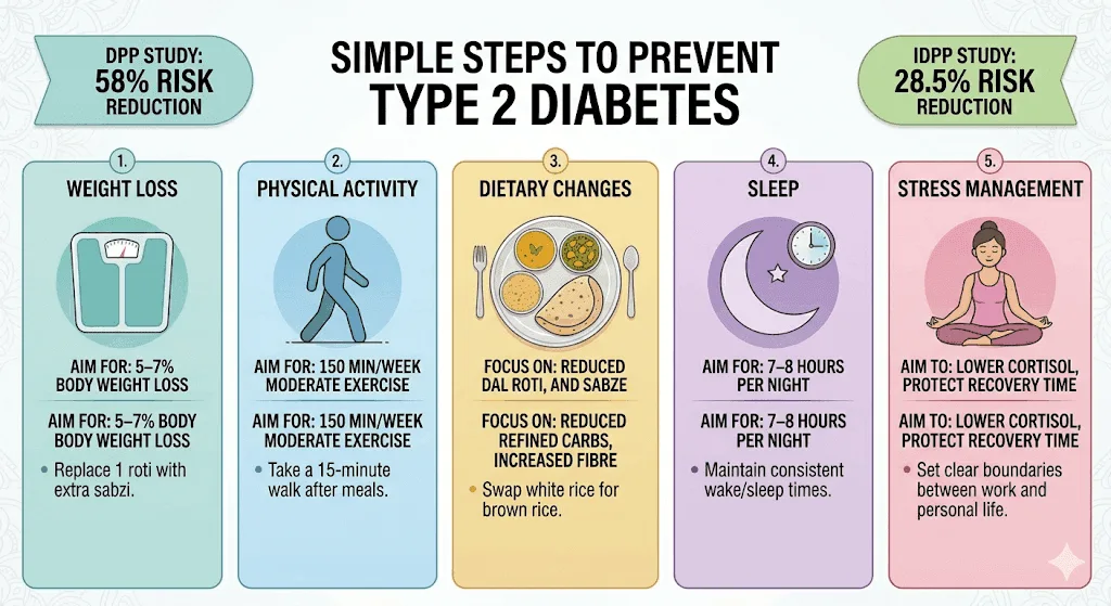 Infographic showing five evidence-based lifestyle changes for prediabetes reversal including weight loss, exercise, diet, sleep, and stress management with Indian-context examples