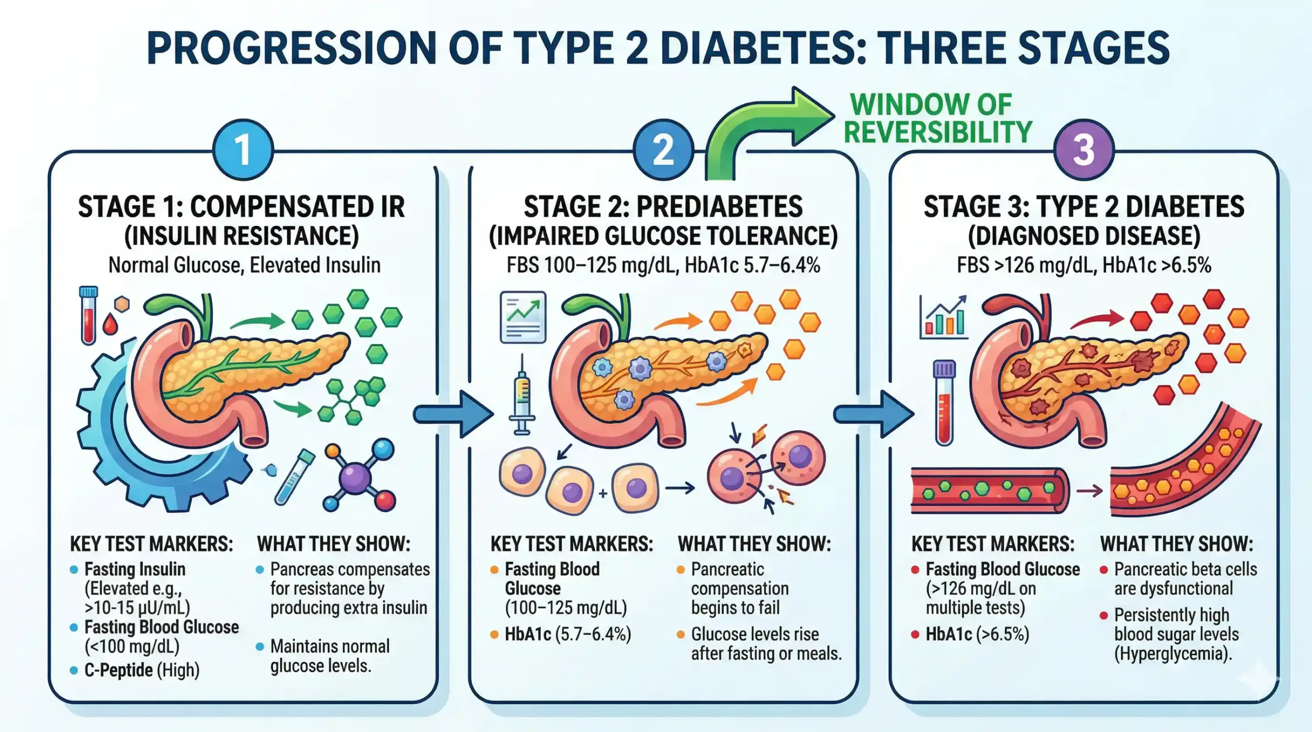 Diagram showing stages of Type 2 diabetes progression