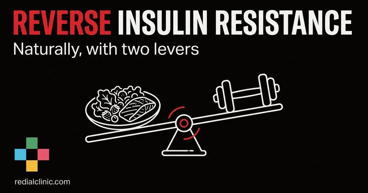 Illustration of the two levers that reverse insulin resistance naturally: lower glucose supply and build muscle-{{2432>wp_url>https://redialclinic.com/wp-content/uploads/2026/07/OIQ-illustration-two-levers-reverse-insulin.webp}}