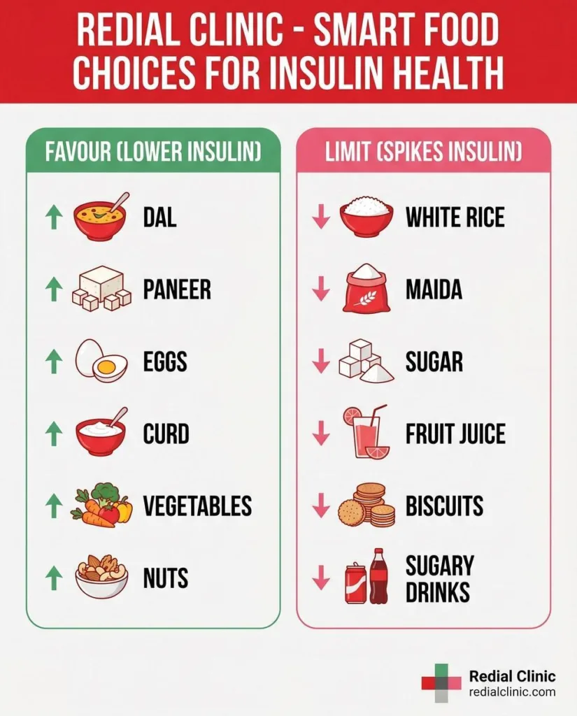 Infographic of foods to favour versus limit for insulin resistance-