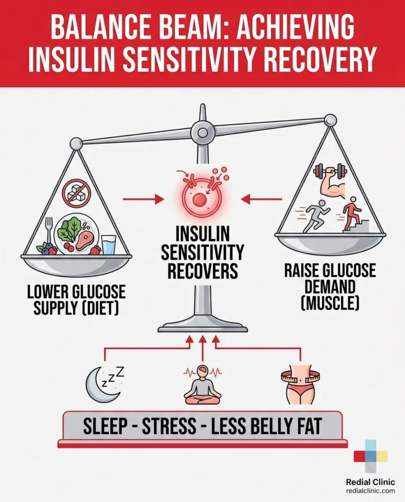 Infographic of the two levers that improve insulin sensitivity: lower glucose supply and raise glucose demand-{{2433>wp_url>https://redialclinic.com/wp-content/uploads/2026/07/Dv2-infographic-two-levers-improve-insulin.webp}}