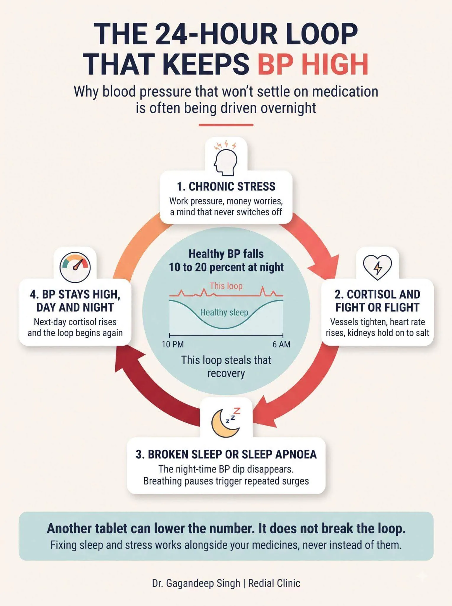 Infographic titled "The 24-Hour Loop That Keeps BP High," explaining why blood pressure that won