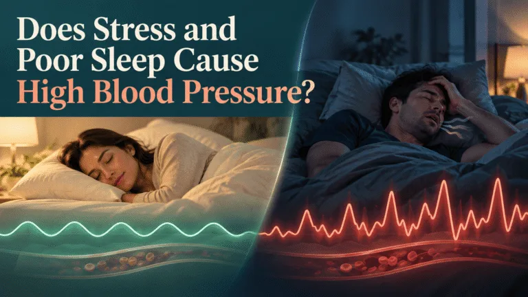 A split illustration contrasting two nights of sleep. On the left, a woman sleeps peacefully in a warmly lit bedroom above a smooth, gentle teal waveform and calmly flowing blood vessels. On the right, a man lies restless in a dark blue bedroom, hand on his forehead and mouth open as if struggling to breathe, above a jagged, spiking red waveform and a red-tinted blood vessel. The headline reads "Does Stress and Poor Sleep Cause High Blood Pressure?" The image represents how poor sleep, sleep apnoea and stress hormones drive blood pressure up overnight.