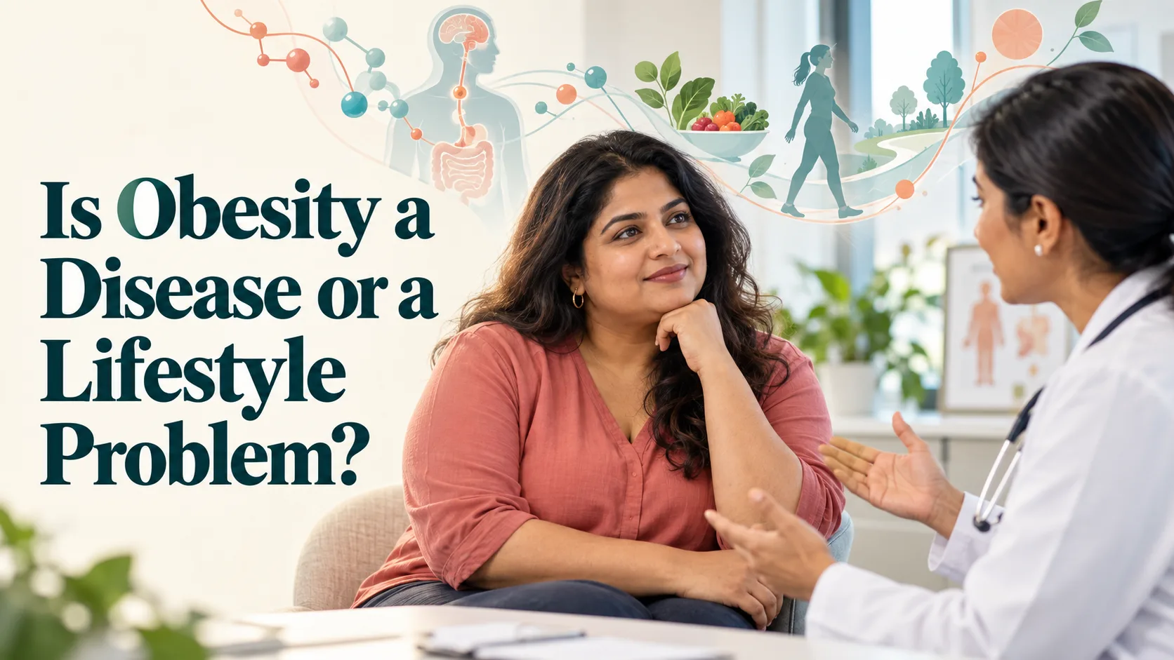 Doctor consulting a patient with a translucent overlay of the brain-gut hormonal axis, representing obesity as a biological disease. is obesity a disease or a lifestyle problem.