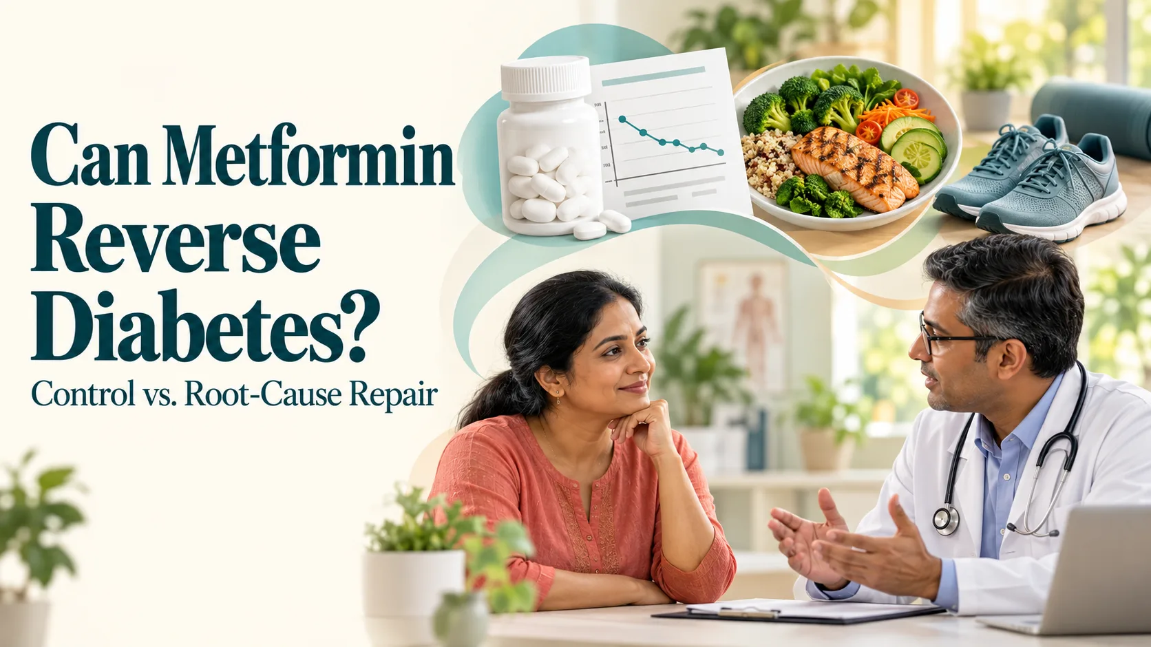 Doctor consulting a patient, on can metformin reverse diabetes, with icons of medication, a falling blood sugar chart, healthy food and exercise shoes, illustrating whether metformin can reverse diabetes.