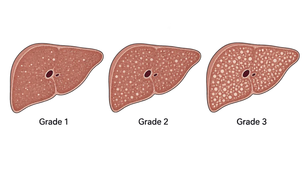 Diagram comparing Grade 1, Grade 2 and Grade 3 fatty liver, showing increasing fat accumulation in liver tissue