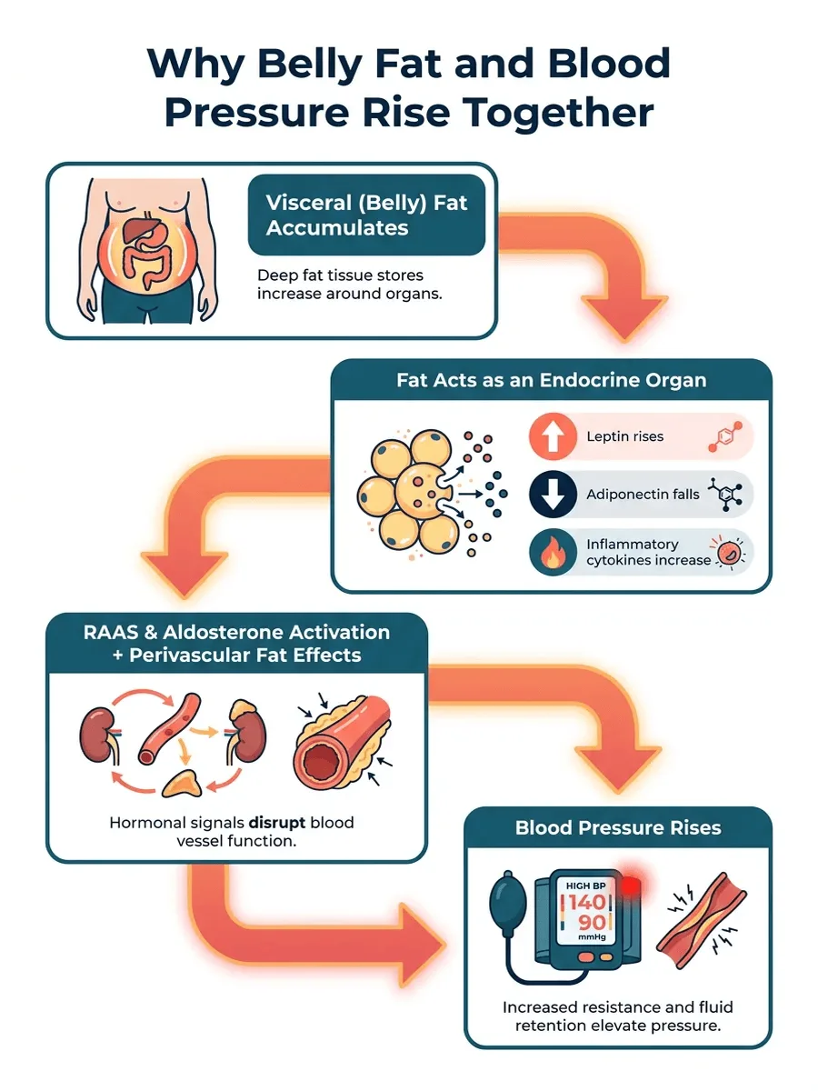 Four-stage flow diagram showing visceral fat accumulation leading to endocrine signalling (leptin up, adiponectin down, inflammatory cytokines up), then RAAS/aldosterone activation and perivascular fat effects, resulting in elevated blood pressure