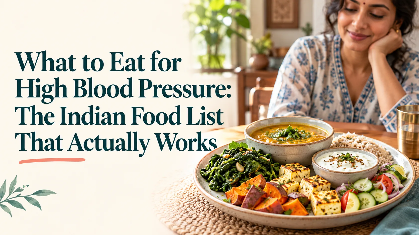 Indian woman enjoying a potassium-rich thali with palak, paneer, dal, sweet potato, and curd, for an article on foods to eat for high blood pressure". “what to eat for high blood pressure”.