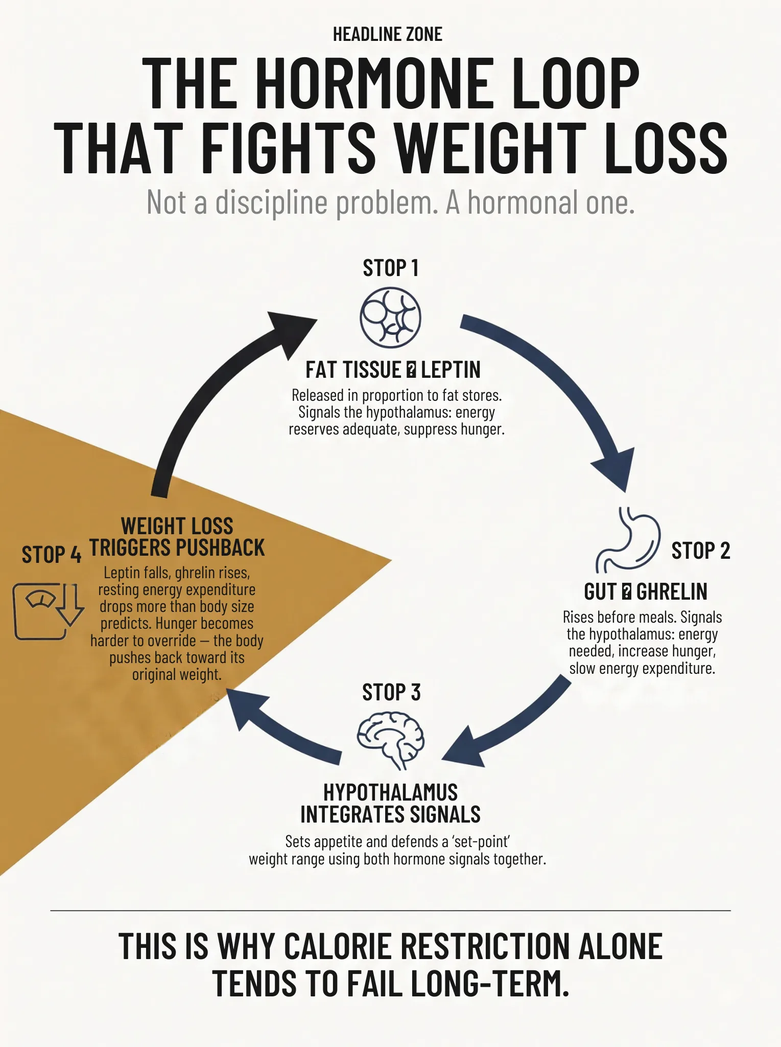 Leptin-ghrelin-hypothalamus feedback loop diagram showing how weight loss triggers rising hunger hormones that resist sustained weight loss.