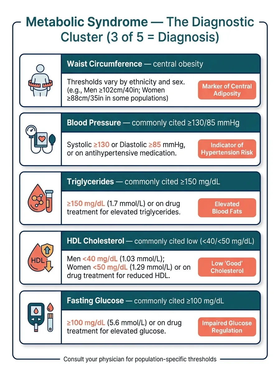 Infographic listing the five metabolic syndrome diagnostic markers — waist circumference, blood pressure, triglycerides, HDL cholesterol, and fasting glucose — with commonly cited threshold values, noting that three or more markers indicate the diagnosis