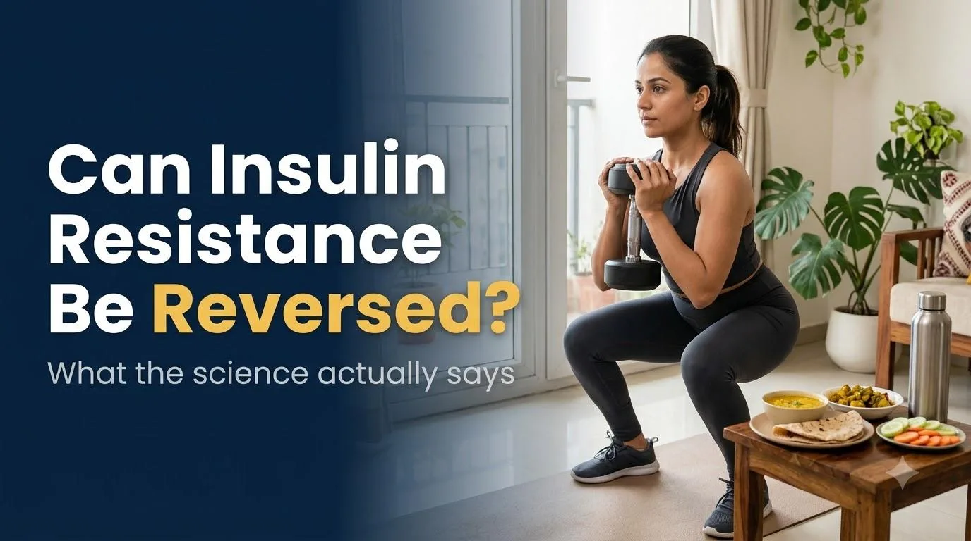 Indian woman doing a dumbbell squat at home beside a plate of dal, sabzi and roti, with the title "Can Insulin Resistance Be Reversed?"