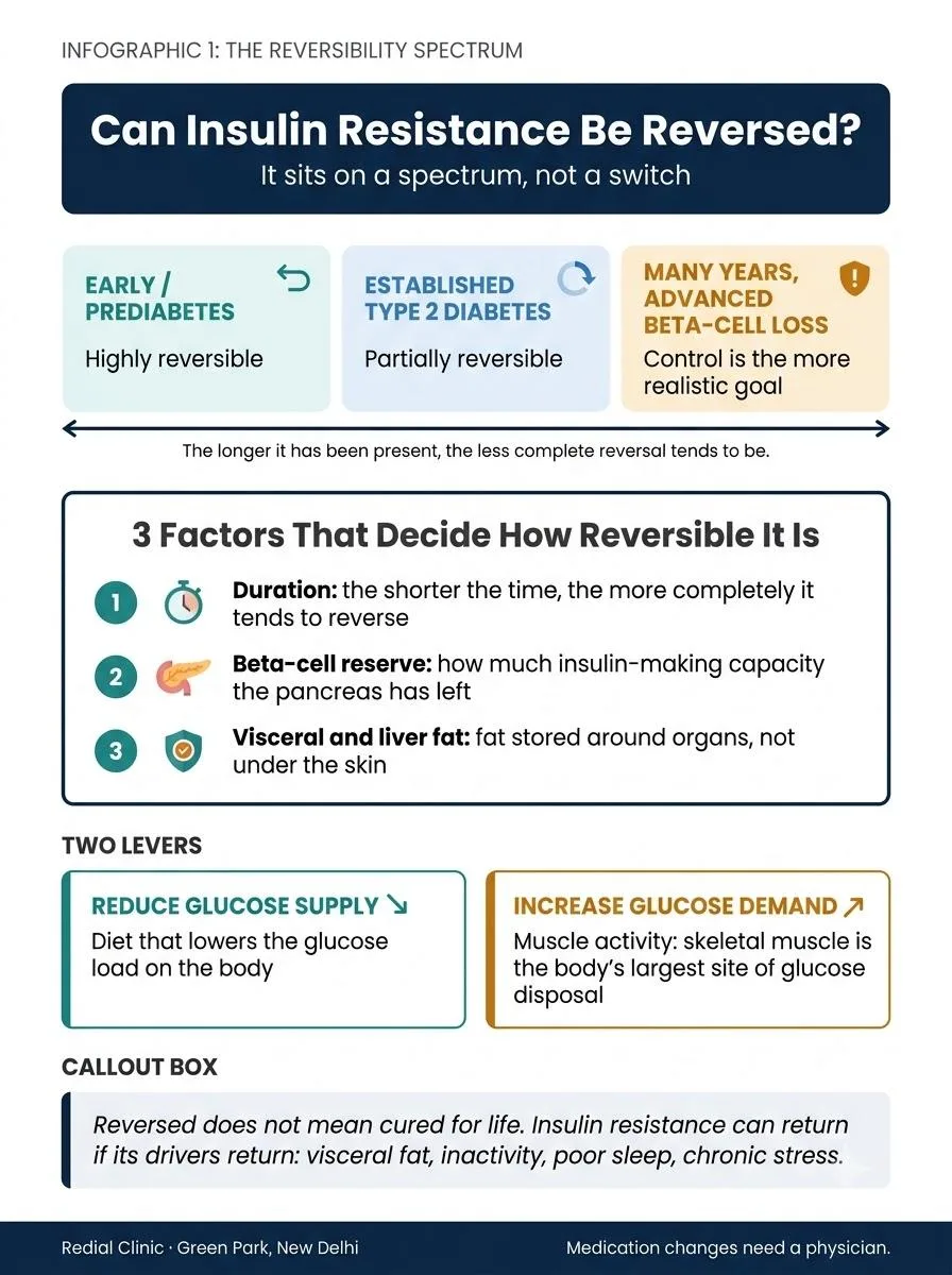 Infographic showing insulin resistance reversibility from early to advanced stages, three deciding factors, and two levers: diet and muscle activity