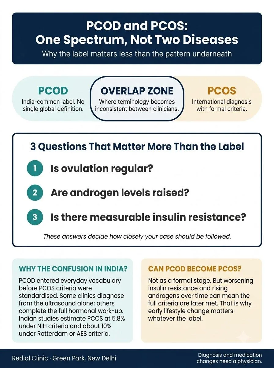 Infographic showing PCOD and PCOS as one spectrum with an overlap zone, and three questions on ovulation, androgens and insulin resistance