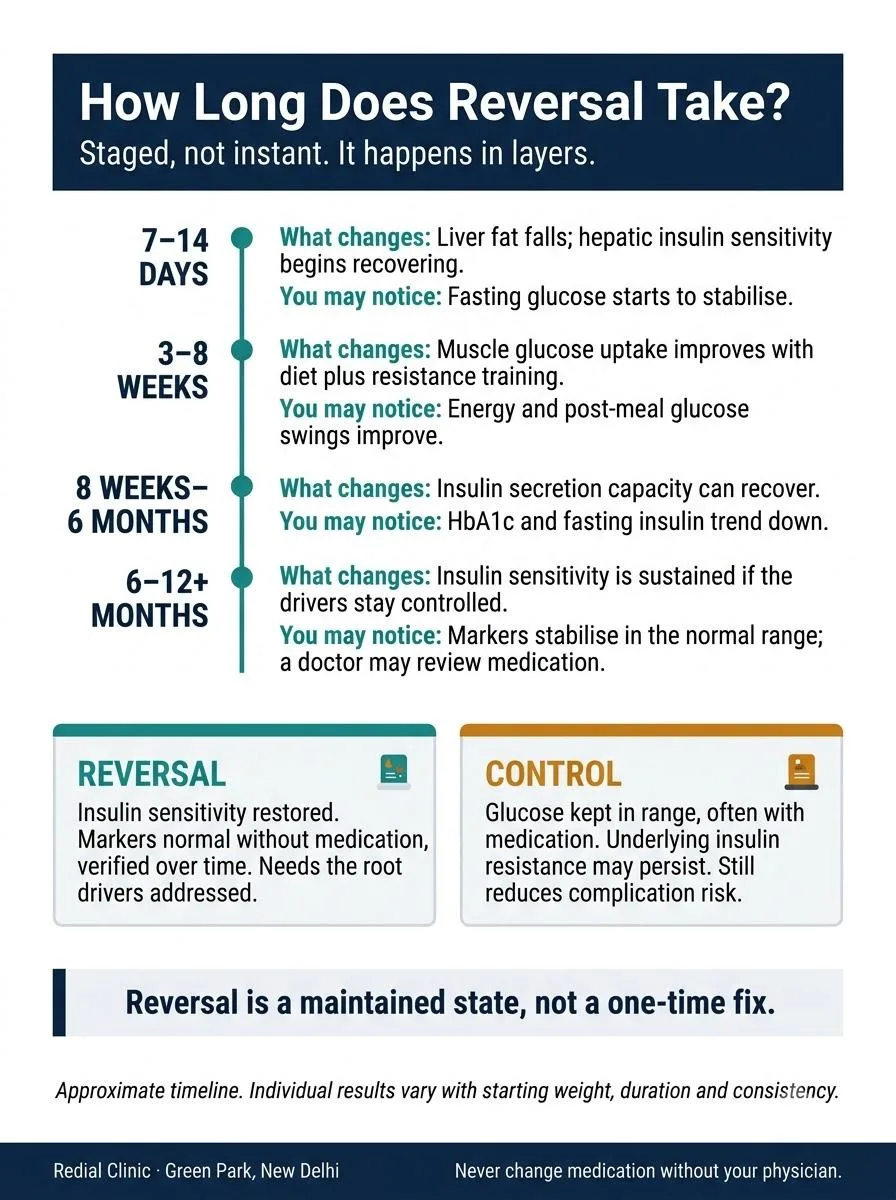 Timeline of insulin resistance reversal from 7 days to 12 months, comparing reversal with control, with the note that it is a maintained state.